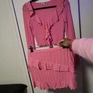 NWOT Fashion Nova Pink Ruffle Knit Mini Skirt Set L